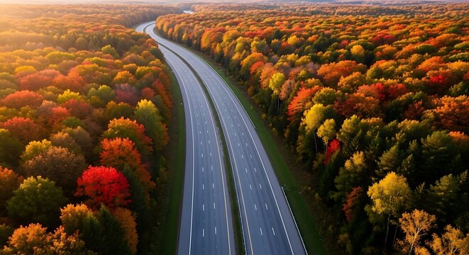Aerial view of a winding highway through a vibrant autumn forest during golden hour