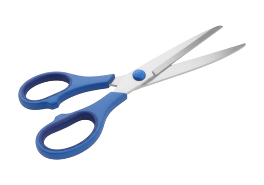 Sharp metal implement with blue plastic handles isolated against a dark background