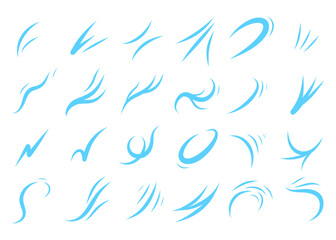 Set of hand-drawn linear wind icons. Continuous line sketches depicting air flow, gusts, swirls, smoke trails, and windy weather. Isolated vector illustration for motion, weather, or abstract design.