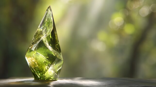 A beautiful green peridot crystal glowing in the sunlight against a blurred forest background.