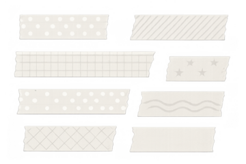 Washi tape pieces collection for decoration, organizing notes, and adding texture to craft projects on a transparent background