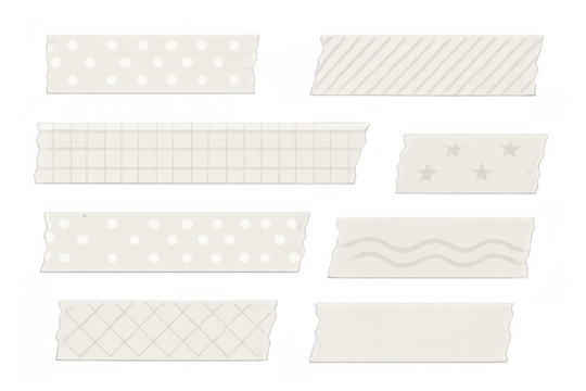 Washi tape pieces collection for decoration, organizing notes, and adding texture to craft projects on a transparent background - Powered by Adobe