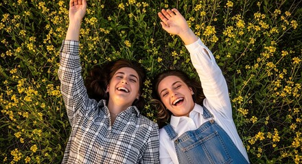 Joyful portrait of two carefree young women laughing with their eyes closed and arms raised, relaxing together in a beautiful meadow of yellow wildflowers during a warm golden hour
