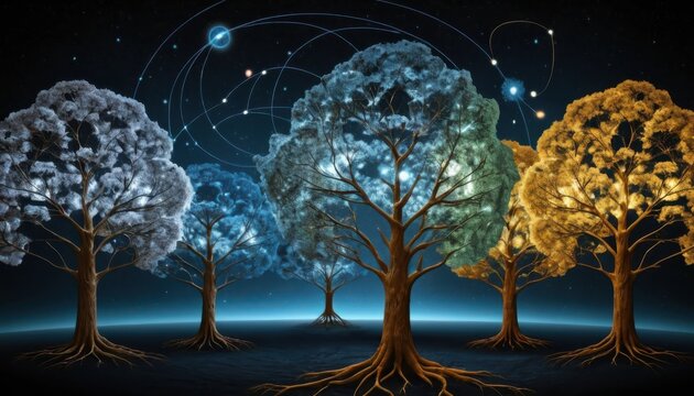 Abstract trees with network connections against a starry sky background showcase connectivity and