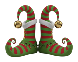 Festive pointed boots feature whimsical stripes and dangling golden bells against a dark backdrop