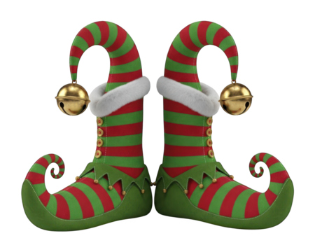 Festive pointed boots feature whimsical stripes and dangling golden bells against a dark backdrop