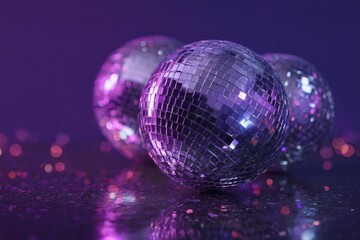 Three shiny disco balls reflecting purple and blue light on a reflective surface with bokeh