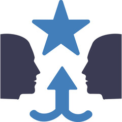 Two Dark Blue Silhouetted Heads Facing Each Other with a Blue Upward Arrow and a Blue Star Above on a Transparent Background Symbolizing Teamwork Collaboration and Achievement