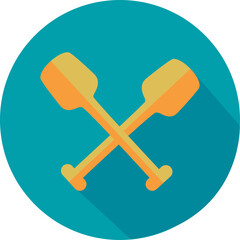 Two Crossed Wooden Canoe Paddles With Orange Blades and Yellow Shafts Centered on a Teal Circle With a Long Dark Shadow Below Isolated on a Transparent Background