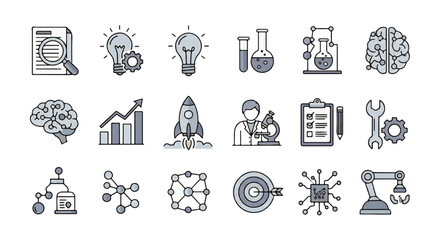 Icons representing science, technology, and innovation, including research, development, and future concepts
