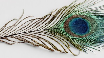 A beautiful single peacock feather with vibrant eye detail isolated on a white background.