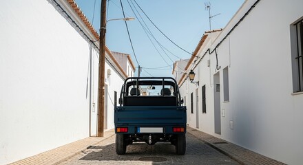 A small blue utility truck is parked on a narrow cobblestone street between traditional whitewashed buildings in a quiet European village on a sunny day