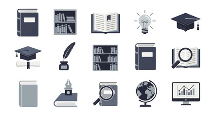 A versatile collection of clean, flat design icons representing essential educational themes, academic pursuits, and knowledge acquisition, ideal for learning-focused digital projects and infographics