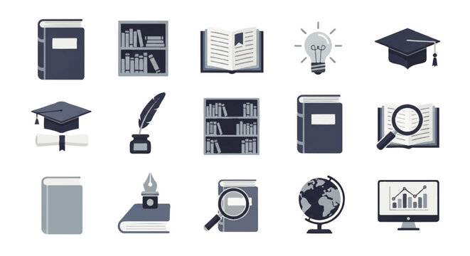 A versatile collection of clean, flat design icons representing essential educational themes, academic pursuits, and knowledge acquisition, ideal for learning-focused digital projects and infographics