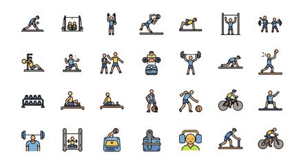 Advanced 2D flat design vector icon set of gym workouts, sports activities, and fitness equipment for web and mobile graphics