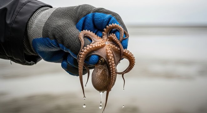 A person wearing a textured blue and grey work glove holds a small, brown octopus with water dripping from its tentacles over a wet, sandy shore on an overcast day - Powered by Adobe