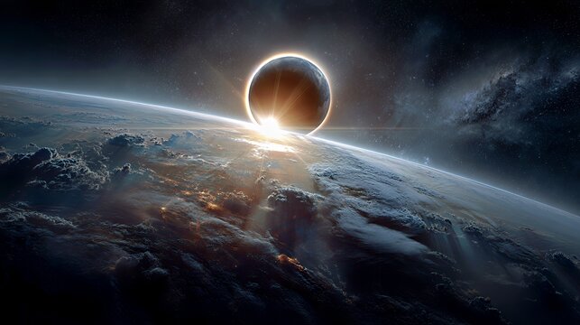 Cosmic Eclipse: Celestial Alignment Over Earth's Horizon