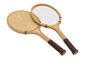 Two antique style wooden tennis racquets displayed against a dark background