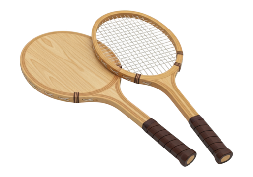 Two antique style wooden tennis racquets displayed against a dark background