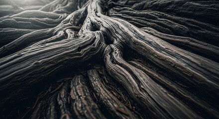 A detailed, textured view of the dark, gnarled roots of an old tree, with dramatic shadows and soft, ethereal light creating a powerful and ancient atmosphere