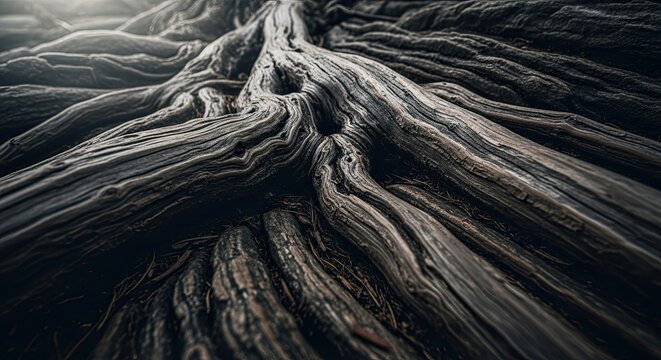 A detailed, textured view of the dark, gnarled roots of an old tree, with dramatic shadows and soft, ethereal light creating a powerful and ancient atmosphere