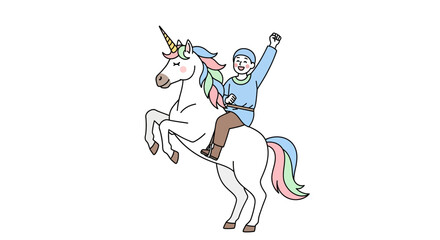 Fototapeta premium Illustration of a cheerful man riding a magical unicorn with a raised fist in victory and triumph