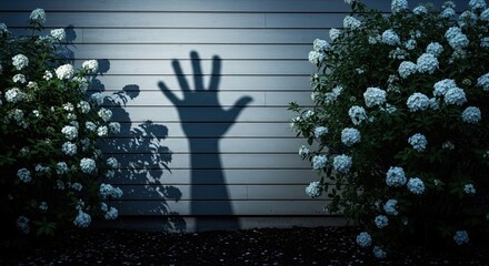 The ominous shadow of a large hand appears on a home's exterior wall at night, creating a frightening and suspenseful scene in a dark garden with white flowers