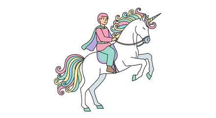 Obraz premium Enchanting scene of a prince riding a majestic unicorn with a colorful mane and tail