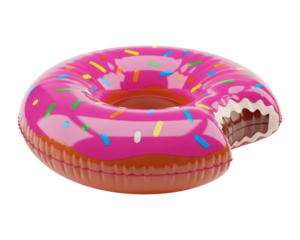 Inflatable swimming flotation device shaped like a pink frosted doughnut with a bite mark