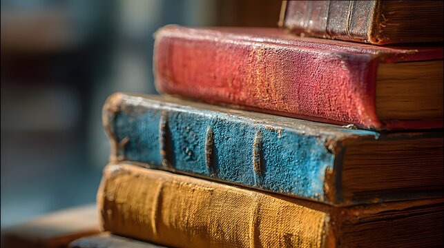 A close-up stack of old weathered vintage books with colorful leather covers in a library. - Powered by Adobe