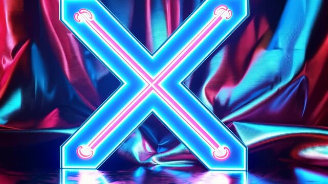 Glowing neon letter x with vibrant blue and pink light on a reflective surface and draped fabric background 4k video