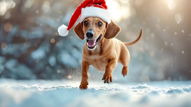 Happy dachshund dog wearing a santa hat, joyfully jumping through fresh snow with falling snowflakes and festive bokeh lights in a winter forest setting 4k video