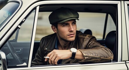 Pensive young man in a retro leather jacket and flat cap smokes a cigarette while sitting in the driver's seat of a vintage automobile, looking out the window