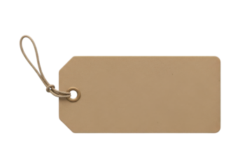 Blank rectangular light brown cardboard label featuring a looped twine attachment against a dark background