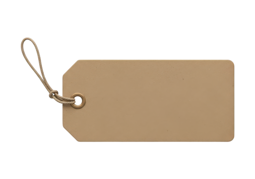 Blank rectangular light brown cardboard label featuring a looped twine attachment against a dark background