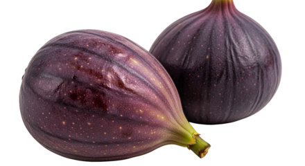 A close-up showcases two fresh figs, their dark purple skins speckled with tiny dots, against black