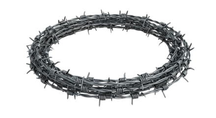 A coil of razor-sharp barbed wire sits menacingly against a stark black backdrop, creating tension.