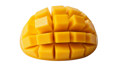 A cross-section of a fresh, juicy mango, cut into a cube pattern set against a black background.