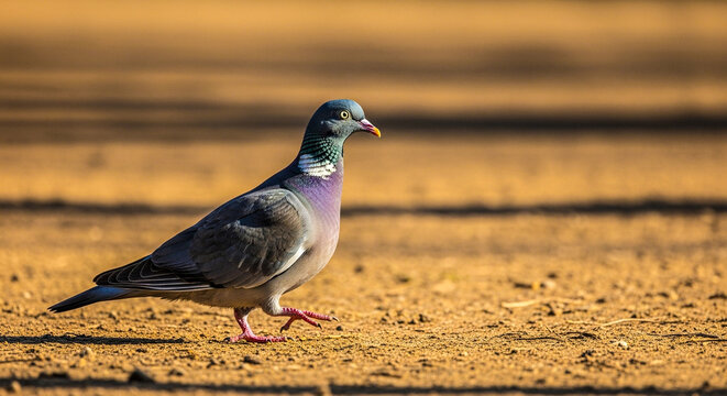 A common pigeon walks across dry, sunlit earth, showcasing its iridescent neck feathers and grey plumage
