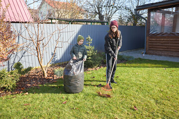 Family yard cleanup: raking leaves on a sunny autumn day