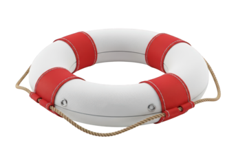 Round flotation device featuring white body with red bands and attached rope detail