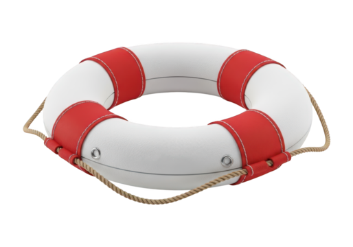 Round flotation device featuring white body with red bands and attached rope detail