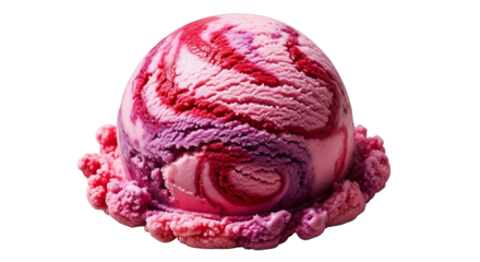 A delightful scoop of swirling pink, red, and purple ice cream sits against a stark black backdrop.