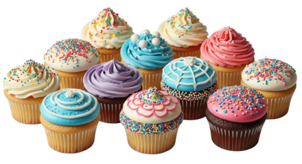A delightful assortment of colorful cupcakes with various frosting designs, creating a festive mood.