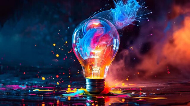 Vibrant light bulb with colorful paint splashes and swirling smoke, symbolizing creative ideas and artistic inspiration 4k video