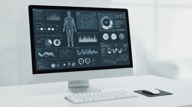 A computer monitor displays medical data visualizations including a human body silhouette and various charts and graphs. Keyboard and mouse are present