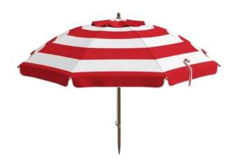 Outdoor canopy shade device features bold red and white horizontal stripes
