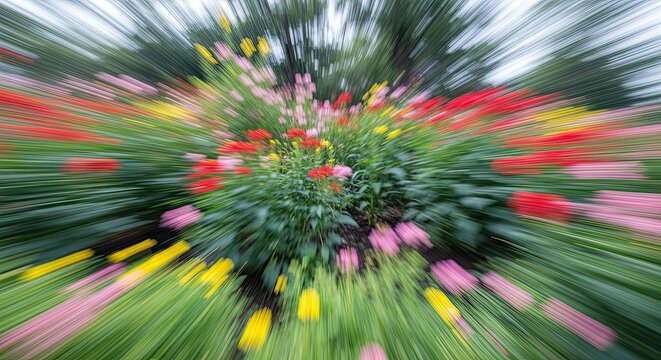 A vibrant abstract background of a colorful flower garden captured with a dynamic zoom blur effect, creating a sense of explosive motion and energy in nature