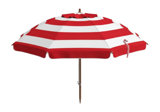 Outdoor canopy shade device features bold red and white horizontal stripes