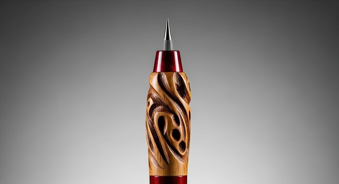 A finely crafted wooden stylus or decorative tool, featuring intricate organic carvings, polished red accents, and a sharp metallic tip, presented vertically against a smooth grey gradient background